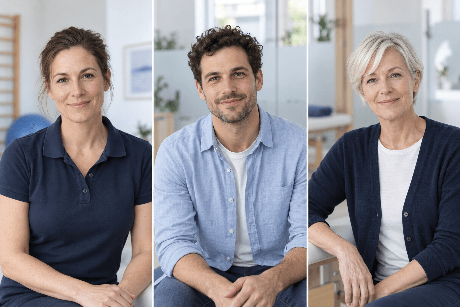 Drei fiktive Teammitglieder als gleichmäßig gestaltete Porträts
